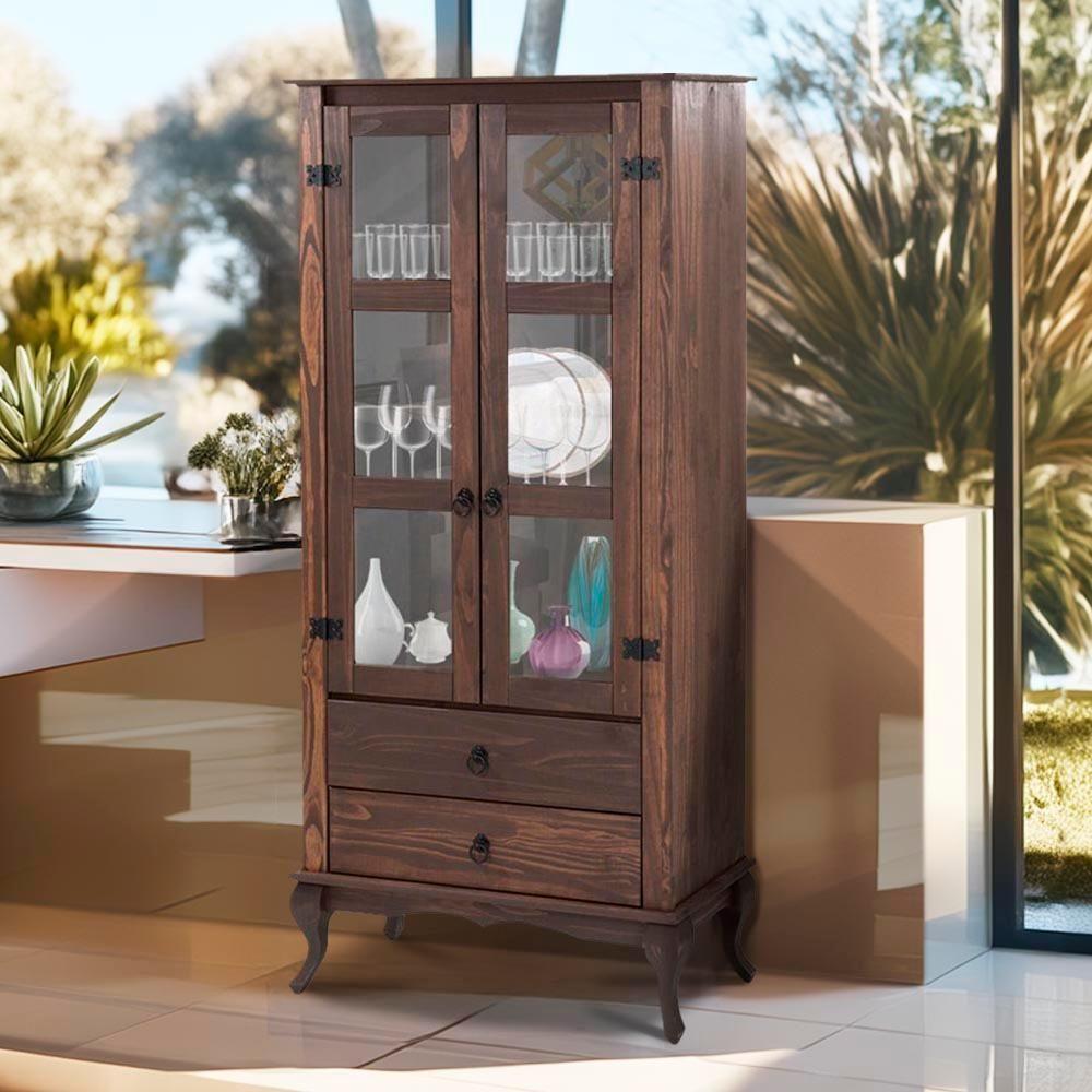 Cristaleira Rústica Madeira Maciça 2 Gavetas Portas De Vidro Imbuia - 8