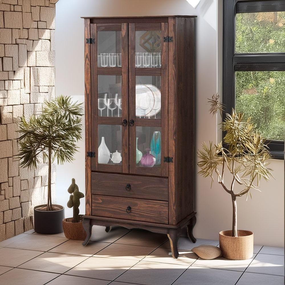 Cristaleira Rústica Madeira Maciça 2 Gavetas Portas De Vidro Imbuia - 9