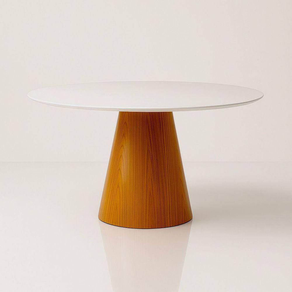 Mesa De Jantar Cone Redonda 110 Cm Base Madeira Freijó Tampo Laca Cor Branco - 2