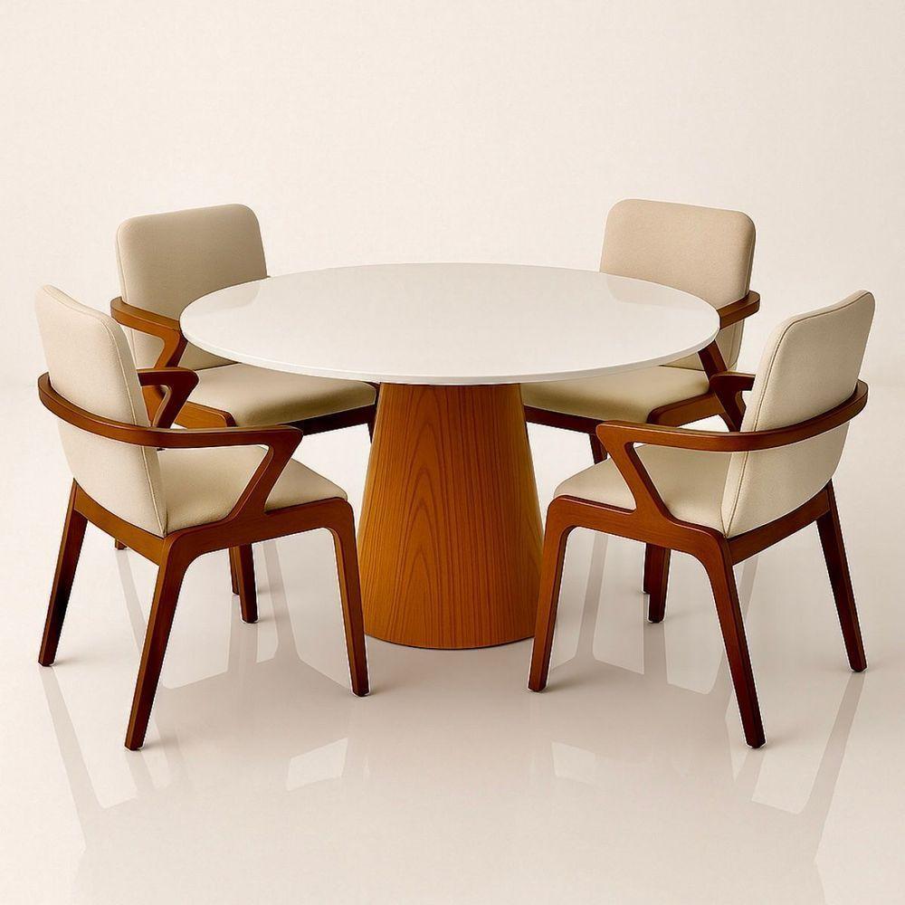 Mesa De Jantar Cone Redonda 110 Cm Base Madeira Freijó Tampo Laca Cor Branco - 6