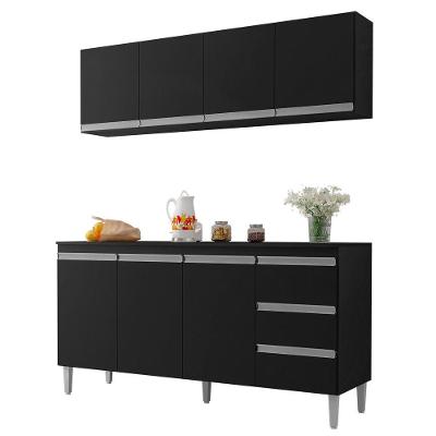 Balcão Gabinete Andréia Com Tampo 150cm 3 Portas E Armário Aéreo 4 Portas Preto - Abmaza