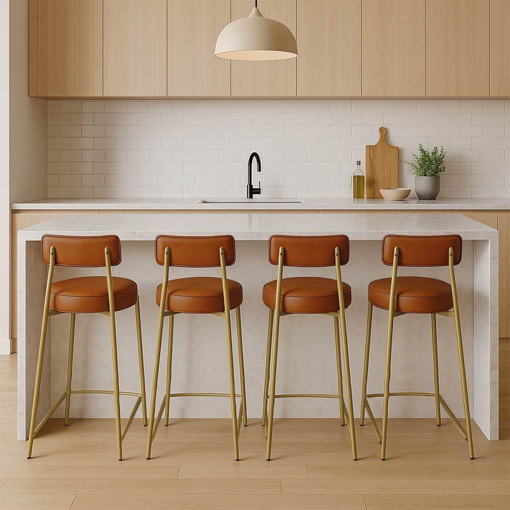 Banqueta Cozinha Média Com Encosto Industrial Dourado Kit 4 Londres Pu D03 - D'rossi Cor Preto - 1