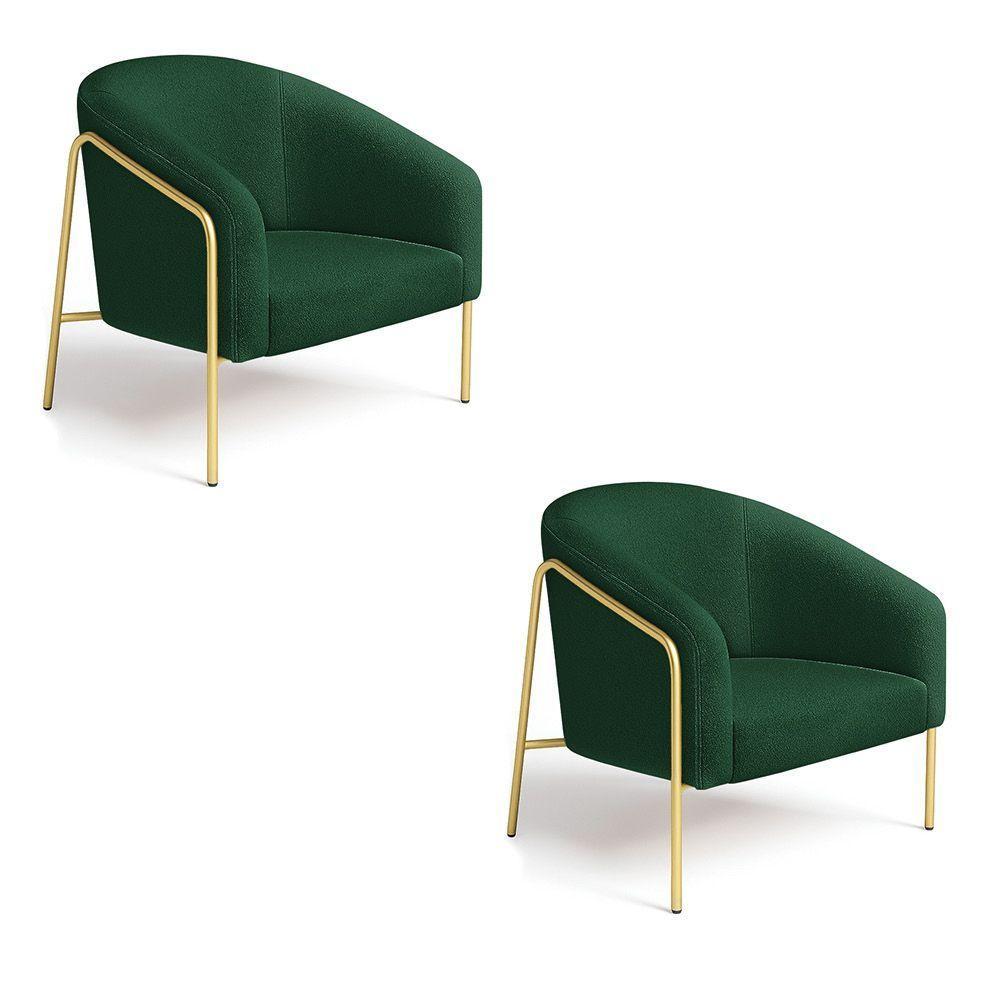 Poltrona Sala Industrial Alta Dourado Kit 2 Stella Bouclê Verde D03 - D'rossi - 2