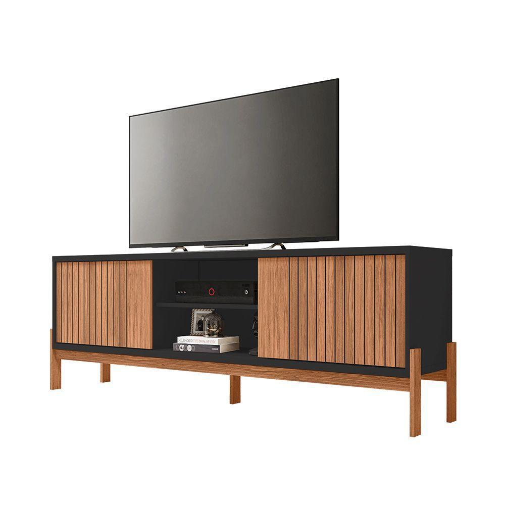 Rack Tv 72 Pol 180cm Bancada Ripado Para Sala Kellem C01 - D'rossi Cor Freijó/preto - 2