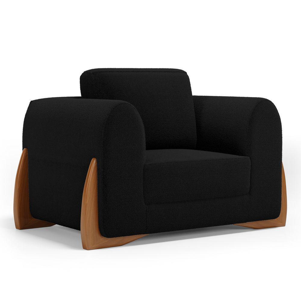 Kit 02 Poltronas E 01 Sofá Bloom 220cm 03 Lugares Com Pés De Madeira Bouclê Preto - Abmaza - 7