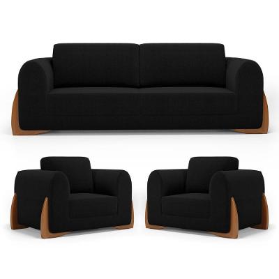 Kit 02 Poltronas E 01 Sofá Bloom 220cm 03 Lugares Com Pés De Madeira Bouclê Preto - Abmaza
