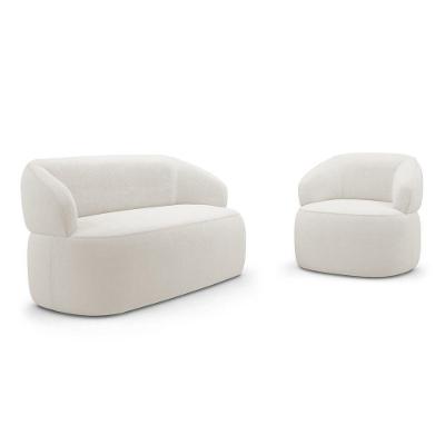 Kit Poltrona Giratória E Sofá Orgânico Living Glee 02 Lugares 140cm Bouclê Off White - Abmaza