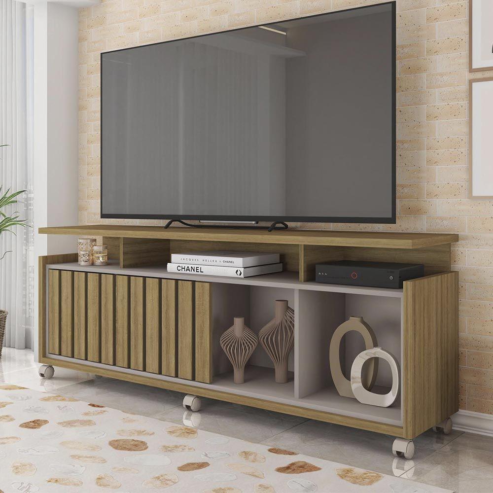 Rack Tv 70 Pol 160cm Bancada Com Rodízio Sala Thaissa Bege Amarelado/cinza C01 - D'rossi - 1