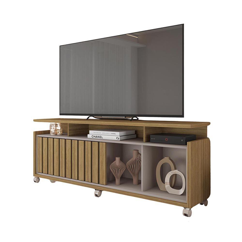 Rack Tv 70 Pol 160cm Bancada Com Rodízio Sala Thaissa Bege Amarelado/cinza C01 - D'rossi - 2