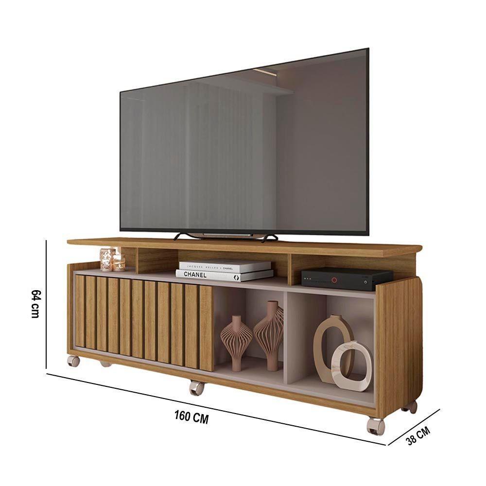 Rack Tv 70 Pol 160cm Bancada Com Rodízio Sala Thaissa Bege Amarelado/cinza C01 - D'rossi - 3