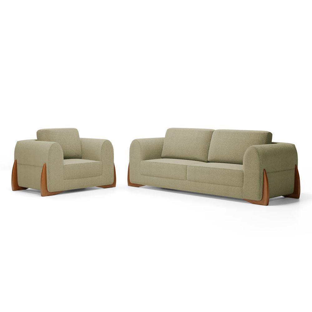 Kit Poltrona E Sofá Bloom 180cm 02 Lugares Com Pés De Madeira Bouclê Bege - Abmaza - 1