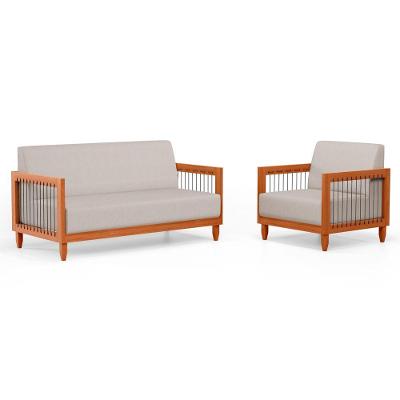 Kit Poltrona E Sofá Varanda Samoa Madeira Maciça Com Cordas Náutica Linho Rústico Areia - Abmaza