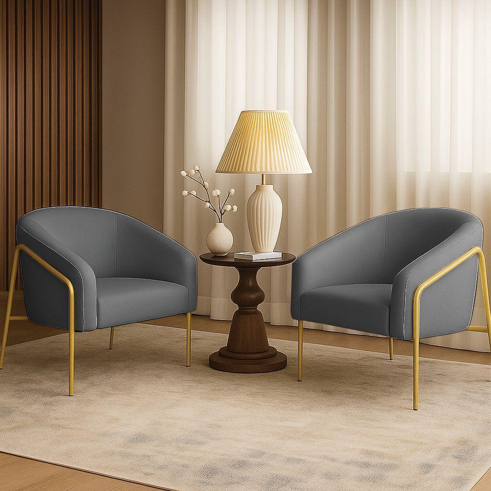 Poltrona Sala Industrial Alta Dourado Kit 2 Stella Linho Grafite D03 - D'rossi - 1