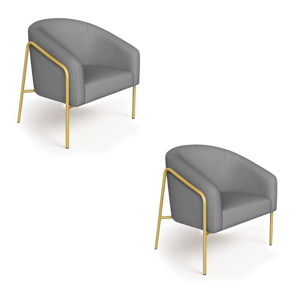 Poltrona Sala Industrial Alta Dourado Kit 2 Stella Linho Grafite D03 - D'rossi - 2