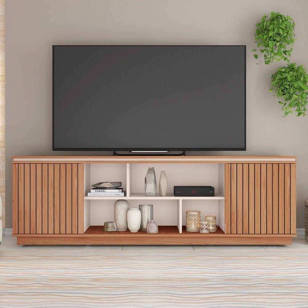 Rack Tv 75 Pol 180cm Bancada Ripado Com Rodízio Noan C01 - D'rossi Cor Freijó/off White - 1