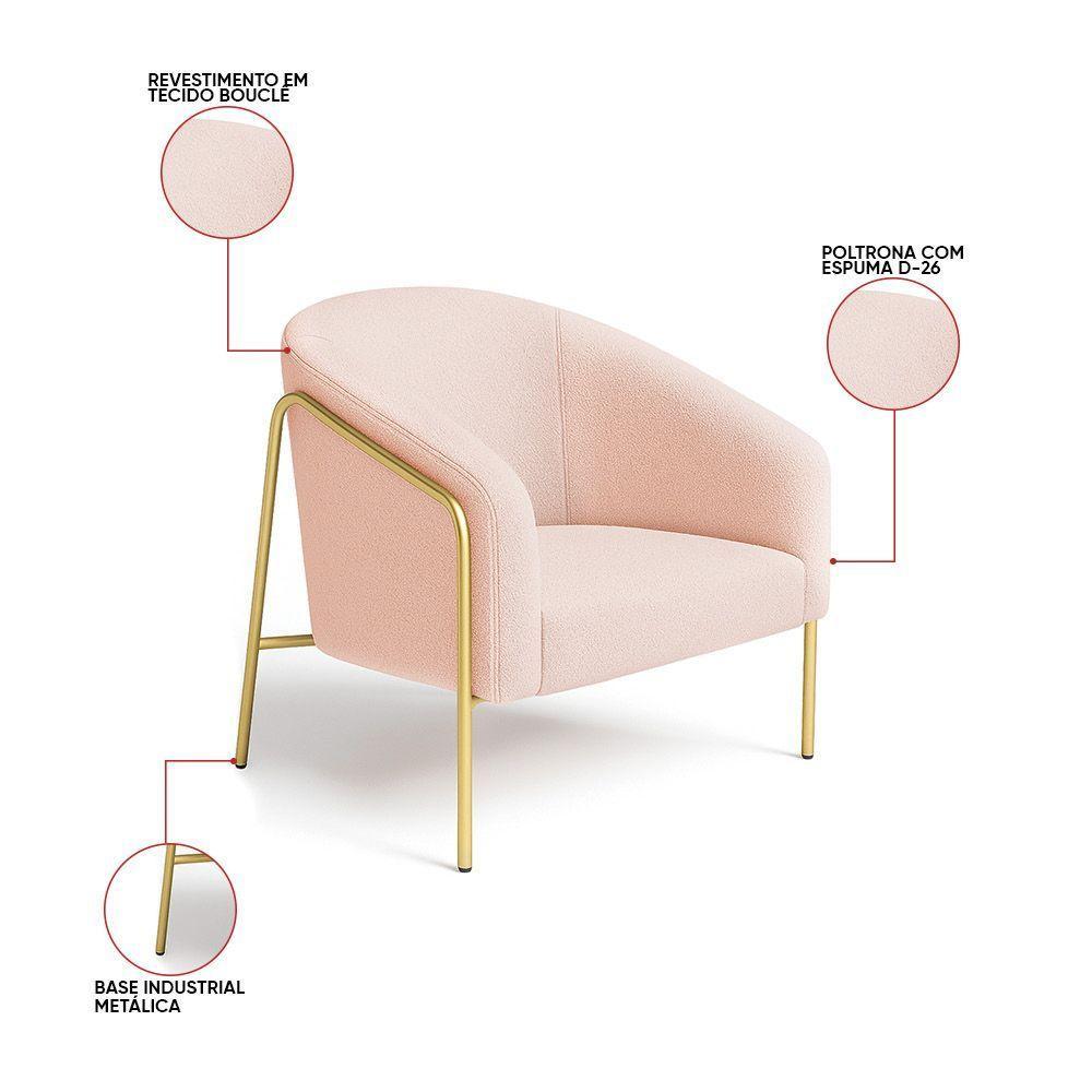 Poltrona Sala Industrial Alta Dourado Kit 2 Stella Bouclê D03 - D'rossi Cor Rose - 3