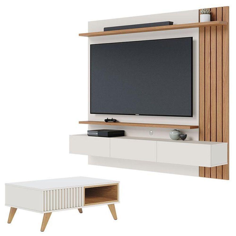 Painel Para Tv Home Suspenso Juriti 1.8 Off White Matte Freijó Com Mesa De Centro Jeri Off White Freijó - Colibri - 1