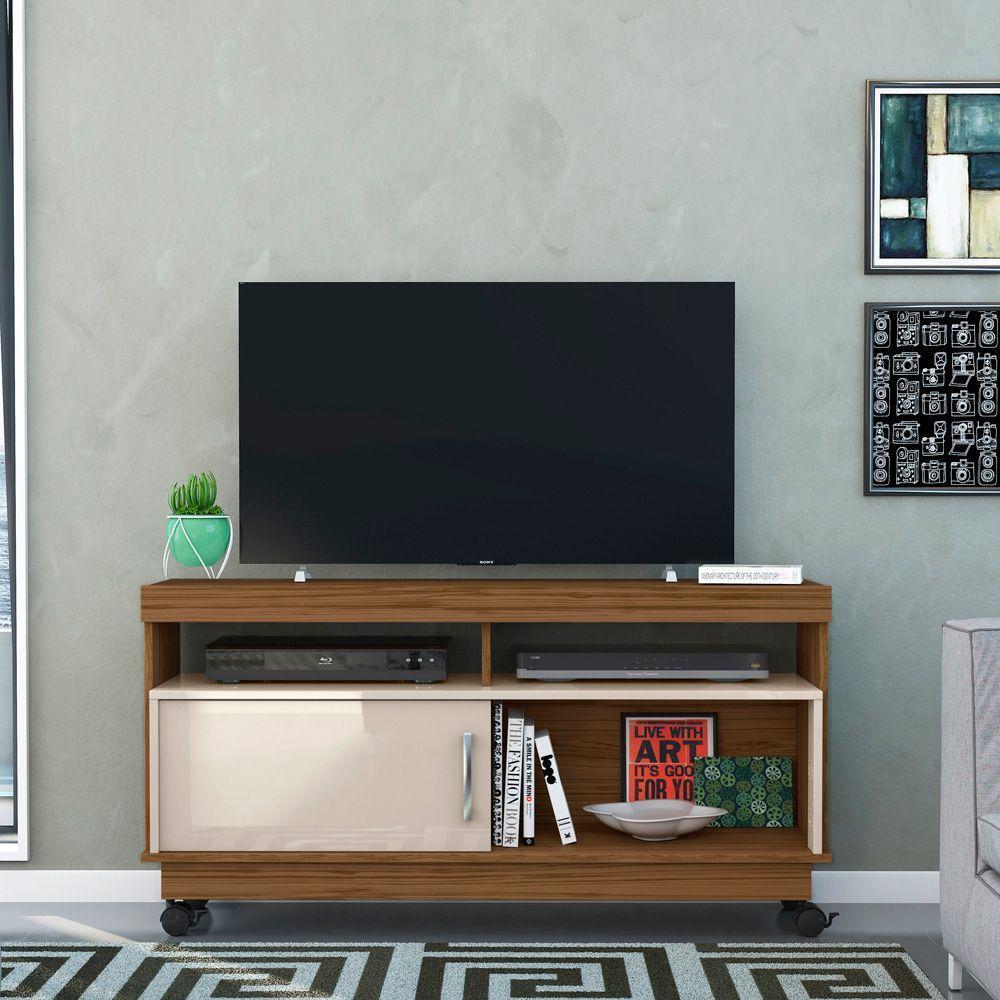 Rack Tv 50 Pol 121cm Bancada Com Rodízio Sala Zorin M20 - D'rossi Cor Naturale E Off White - 1