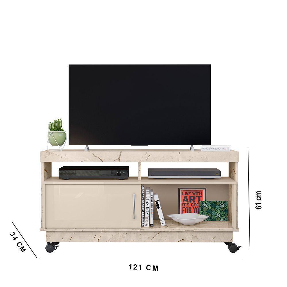 Rack Tv 50 Pol 121cm Bancada Com Rodízio Sala Zorin M20 - D'rossi Cor Calacata E Off White - 3