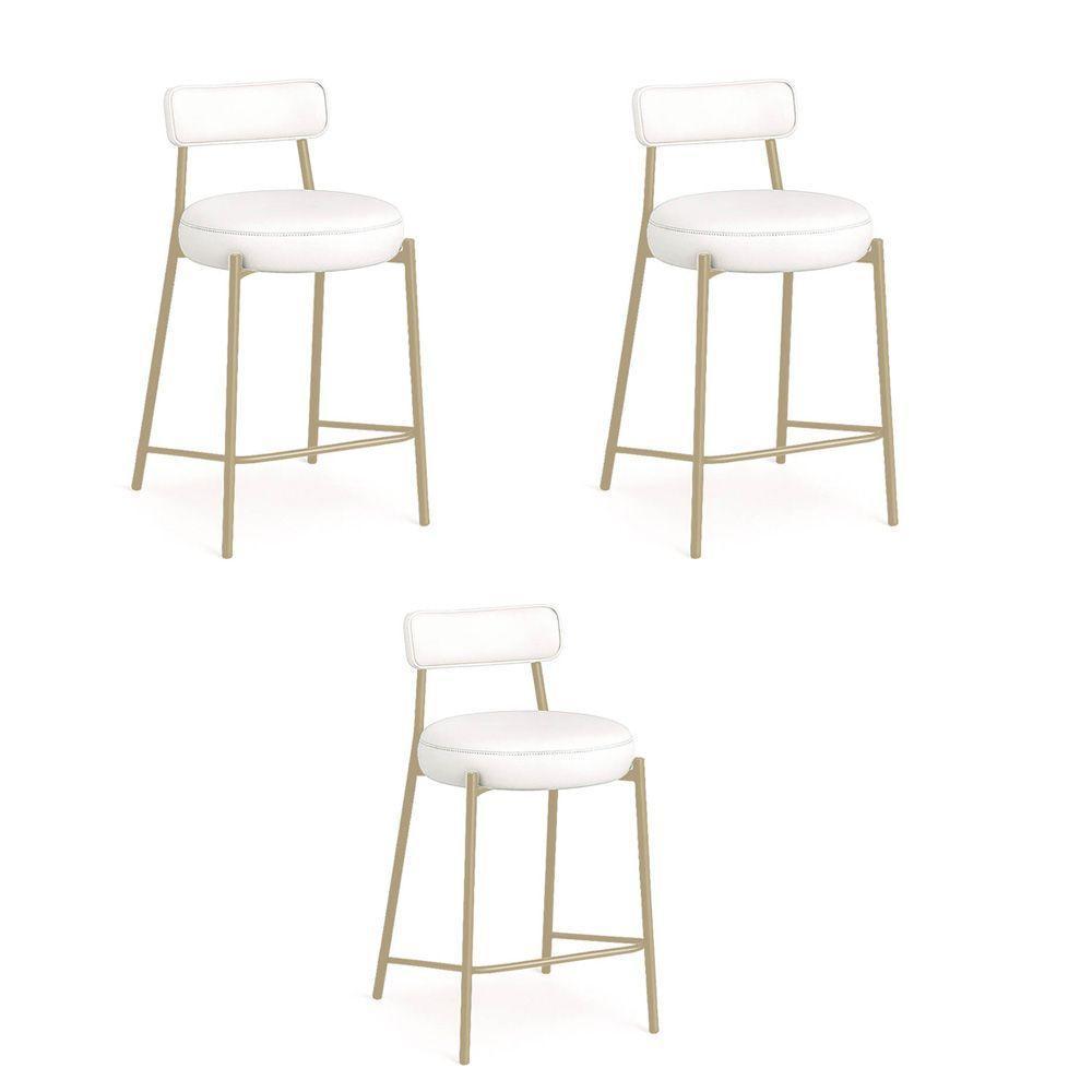 Banqueta Cozinha Média Com Encosto Industrial Champanhe Kit 3 Londres Pu Branco D03 - D'rossi - 2