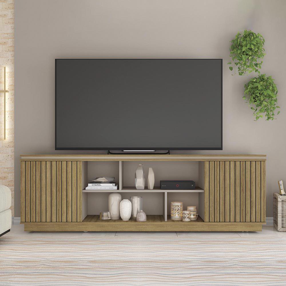 Rack Tv 75 Pol 180cm Bancada Ripado Com Rodízio Noan Bege Amarelado/cinza C01 - D'rossi - 1