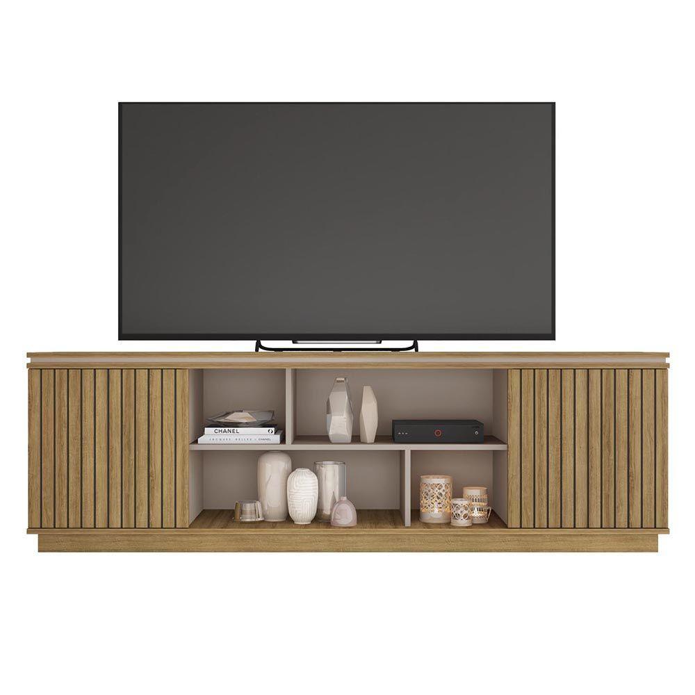 Rack Tv 75 Pol 180cm Bancada Ripado Com Rodízio Noan Bege Amarelado/cinza C01 - D'rossi - 2