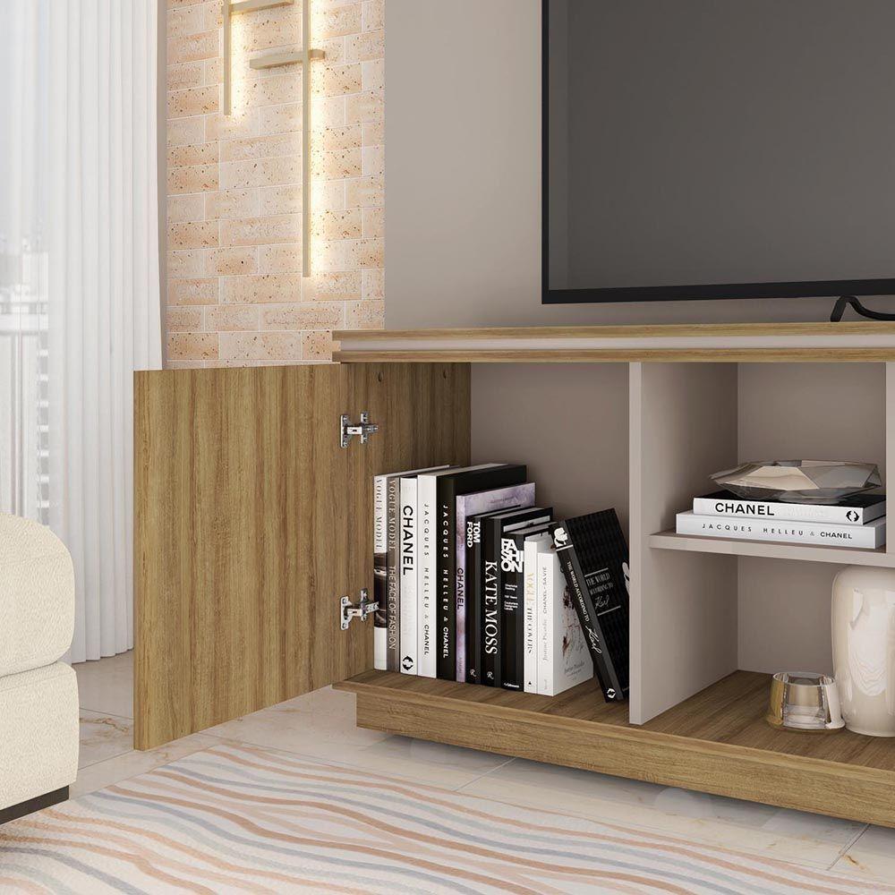 Rack Tv 75 Pol 180cm Bancada Ripado Com Rodízio Noan Bege Amarelado/cinza C01 - D'rossi - 4