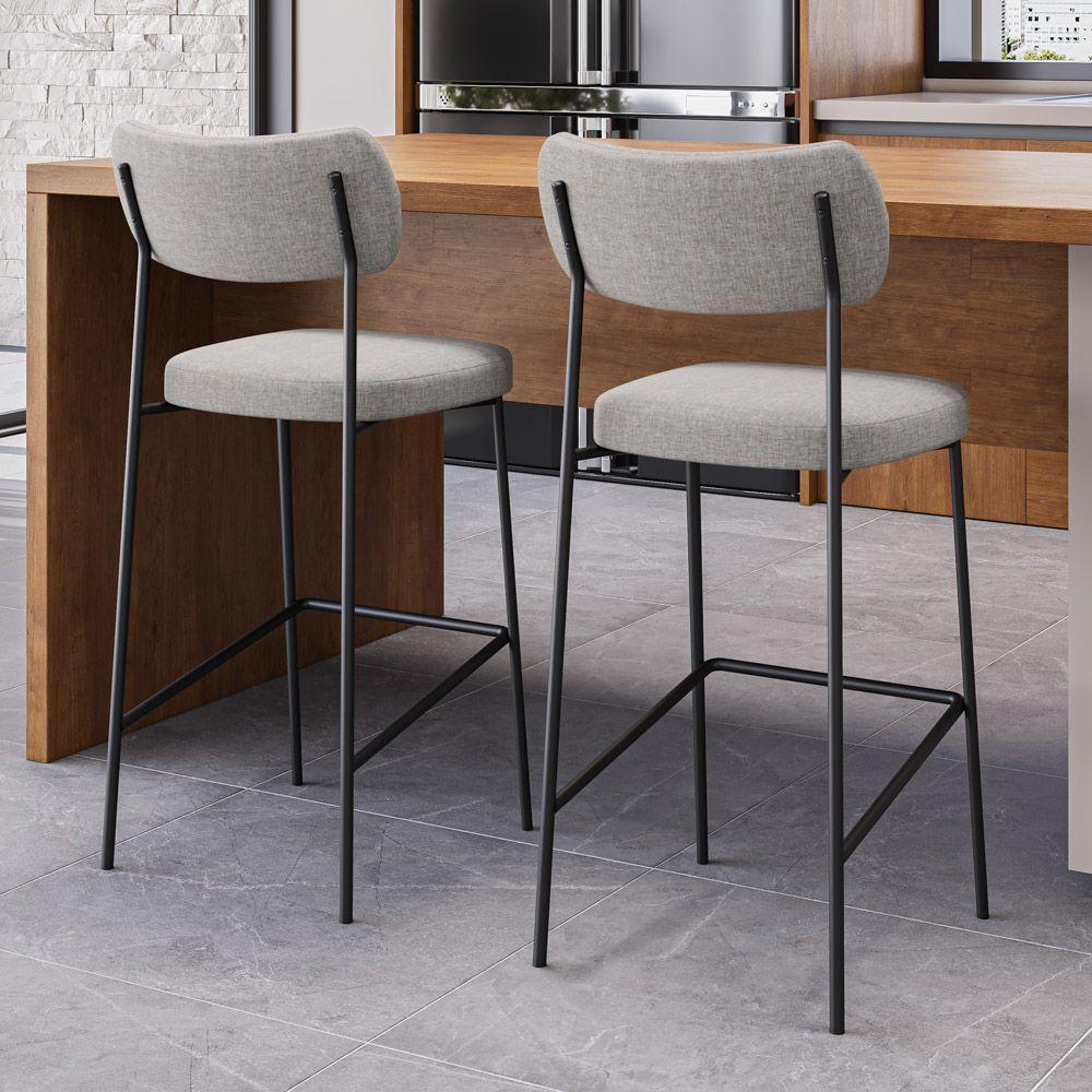 Kit 04 Banquetas Altas Para Cozinha Lila Estofada Com Encosto Linho Cinza - Abmaza - 2