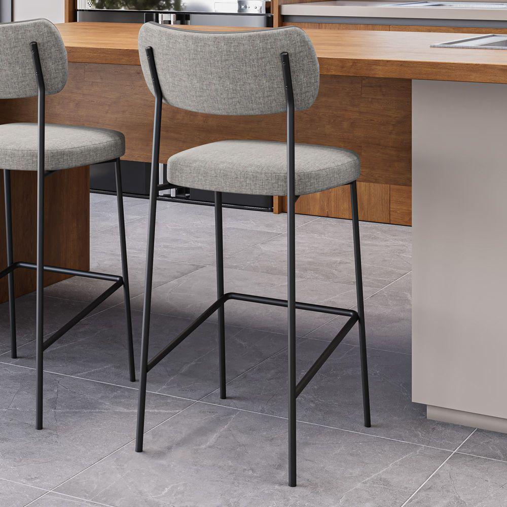 Banqueta Alta Cozinha Lila Com Encosto Couríssimo Preto Linho Cinza - Abmaza - 3