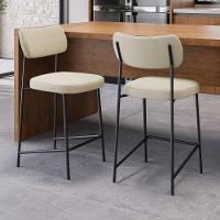 Banqueta Média Para Cozinha Lila Estofada Com Encosto Linho Bege - Abmaza - 3