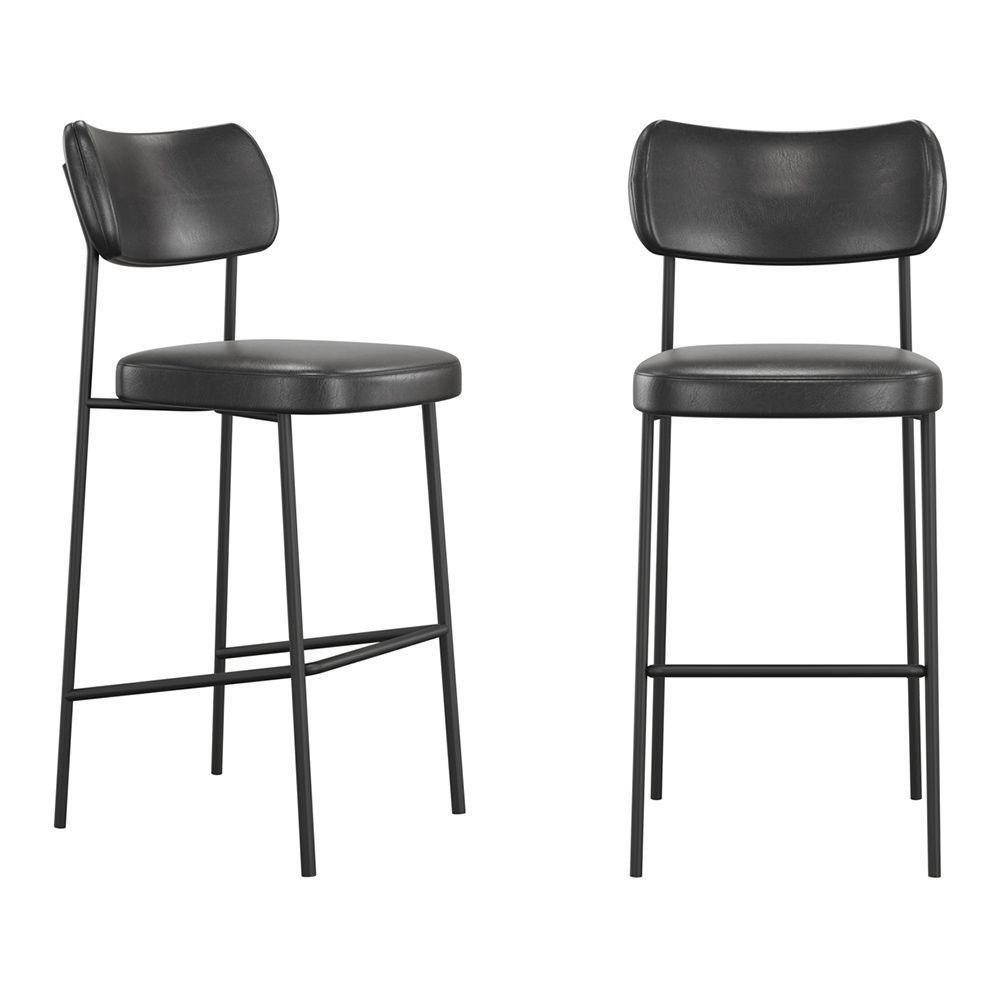 Kit 02 Banquetas Altas Para Cozinha Lila Estofada Com Encosto Couríssimo Preto - Abmaza - 1