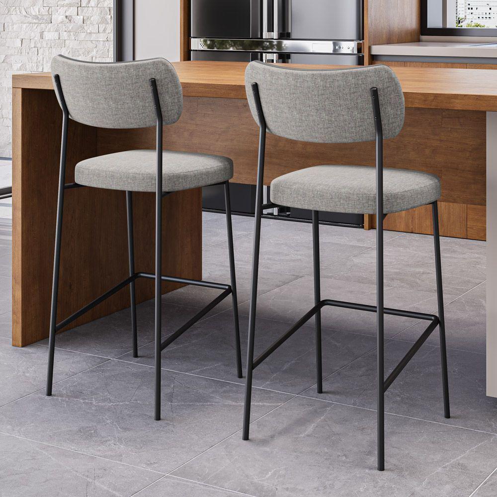 Kit 04 Banquetas Altas Cozinha Lila Com Encosto Couríssimo Preto Linho Cinza - Abmaza - 2