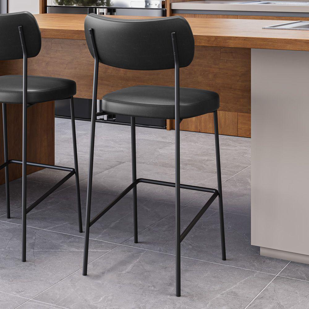 Banqueta Alta Para Cozinha Lila Estofada Com Encosto Couríssimo Preto - Abmaza - 3