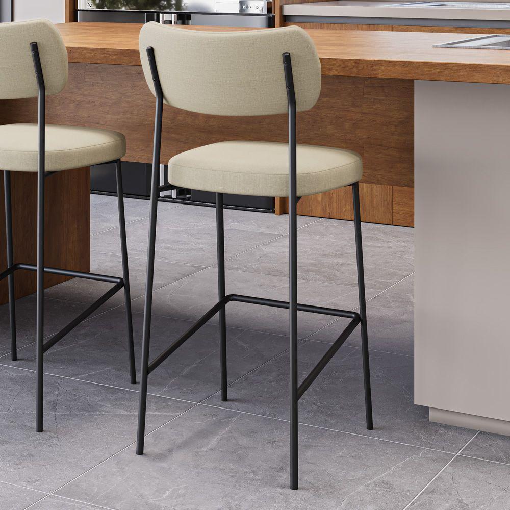 Banqueta Alta Para Cozinha Lila Estofada Com Encosto Linho Bege - Abmaza - 3