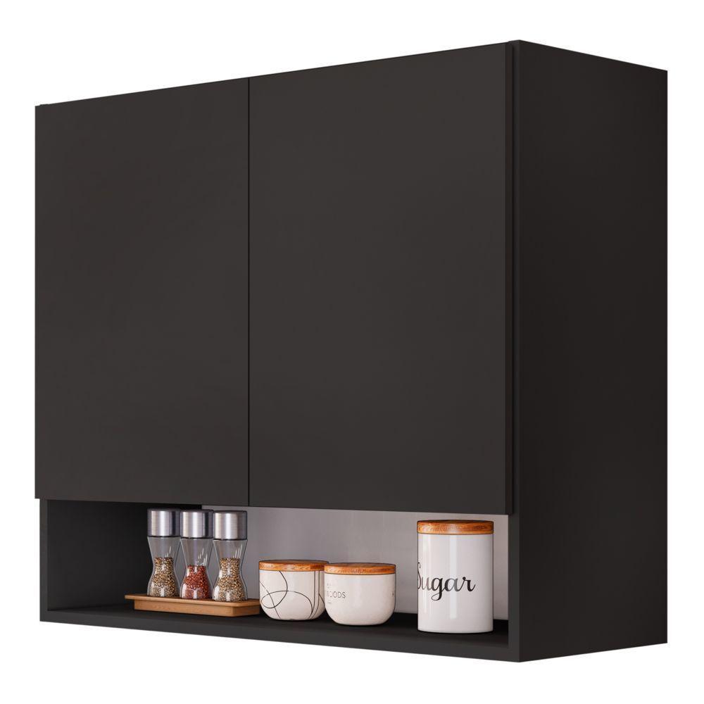 Armário Aéreo Multiuso Meg 80cm 100%mdf 02 Portas Com Nicho Integrado Preto - Abmaza - 1