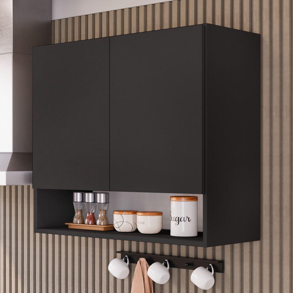 Armário Aéreo Multiuso Meg 80cm 100%mdf 02 Portas Com Nicho Integrado Preto - Abmaza - 2