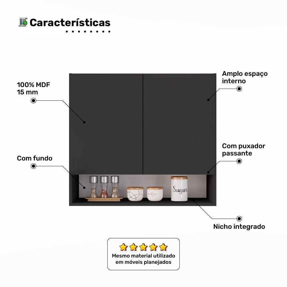 Armário Aéreo Multiuso Meg 80cm 100%mdf 02 Portas Com Nicho Integrado Preto - Abmaza - 5