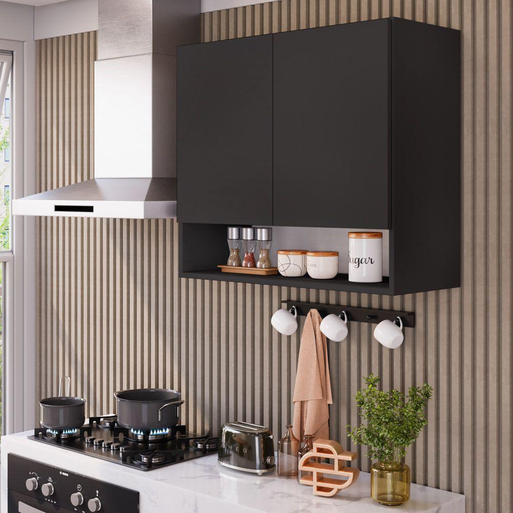 Armário Aéreo Multiuso Meg 80cm 100%mdf 02 Portas Com Nicho Integrado Preto - Abmaza - 7