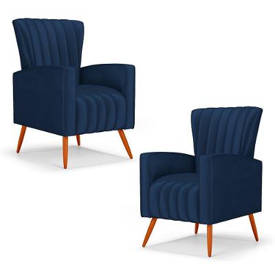 Kit 02 Poltronas Decorativas Melody Com Pés Palito Veludo Azul Marinho - Abmaza