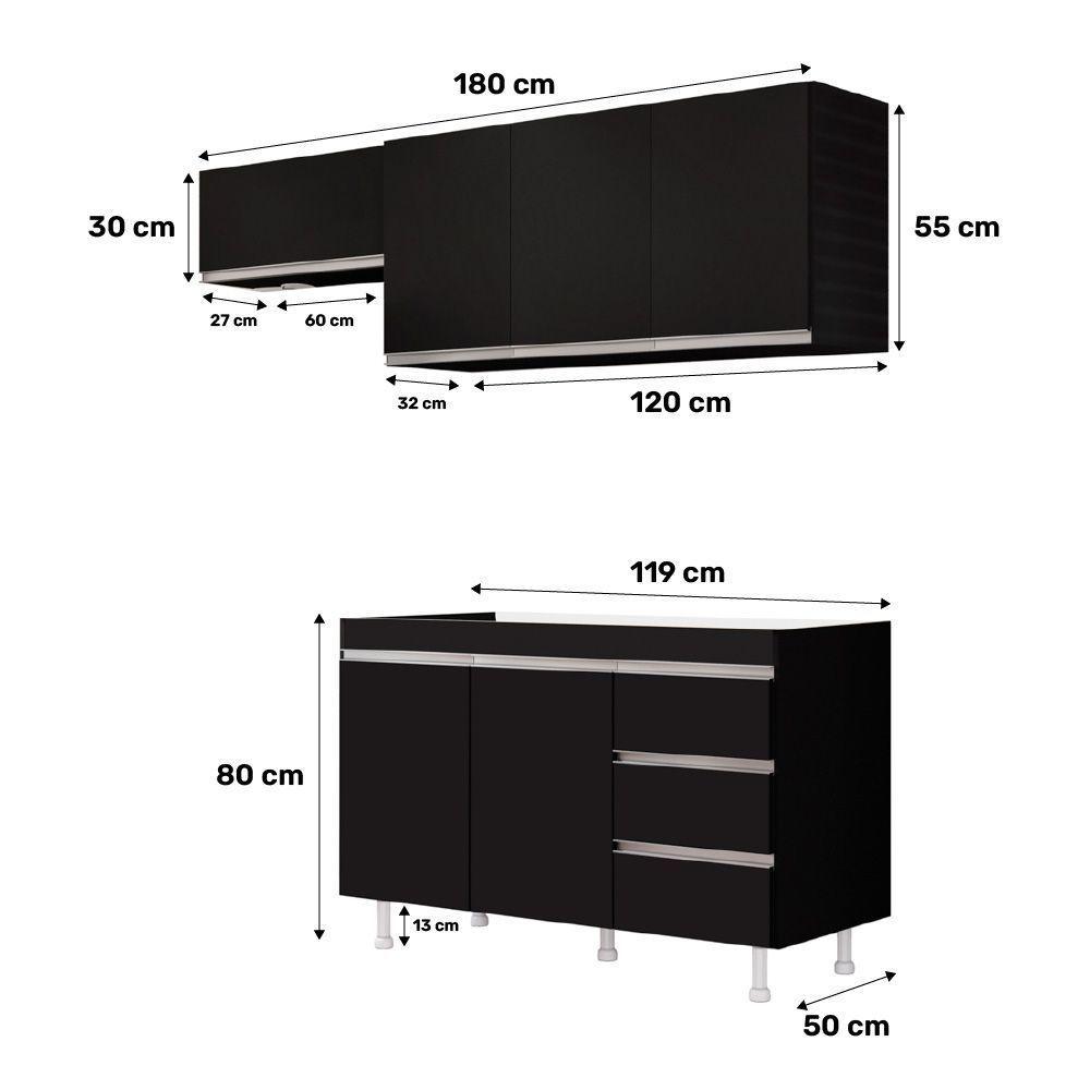 Cozinha Planejada Lux 3 Peças 100%mdf Balcão Gabinete Sem Tampo 119cm 3 Gavetas Preto - Abmaza - 4