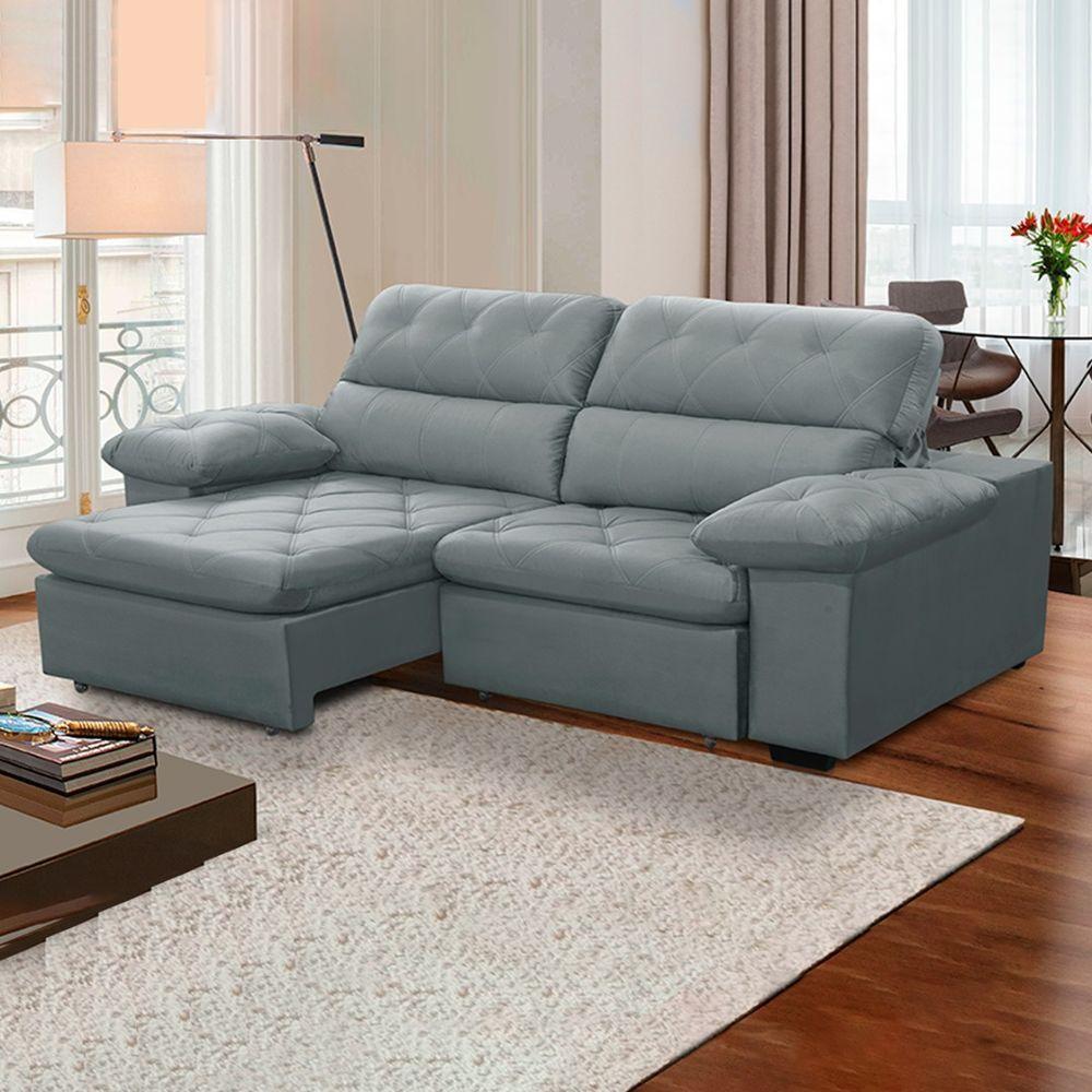 Sofa Retratil Reclinavel 2 Lugares 2,40m Crystal Veludo Cinza Lansofbr - 1