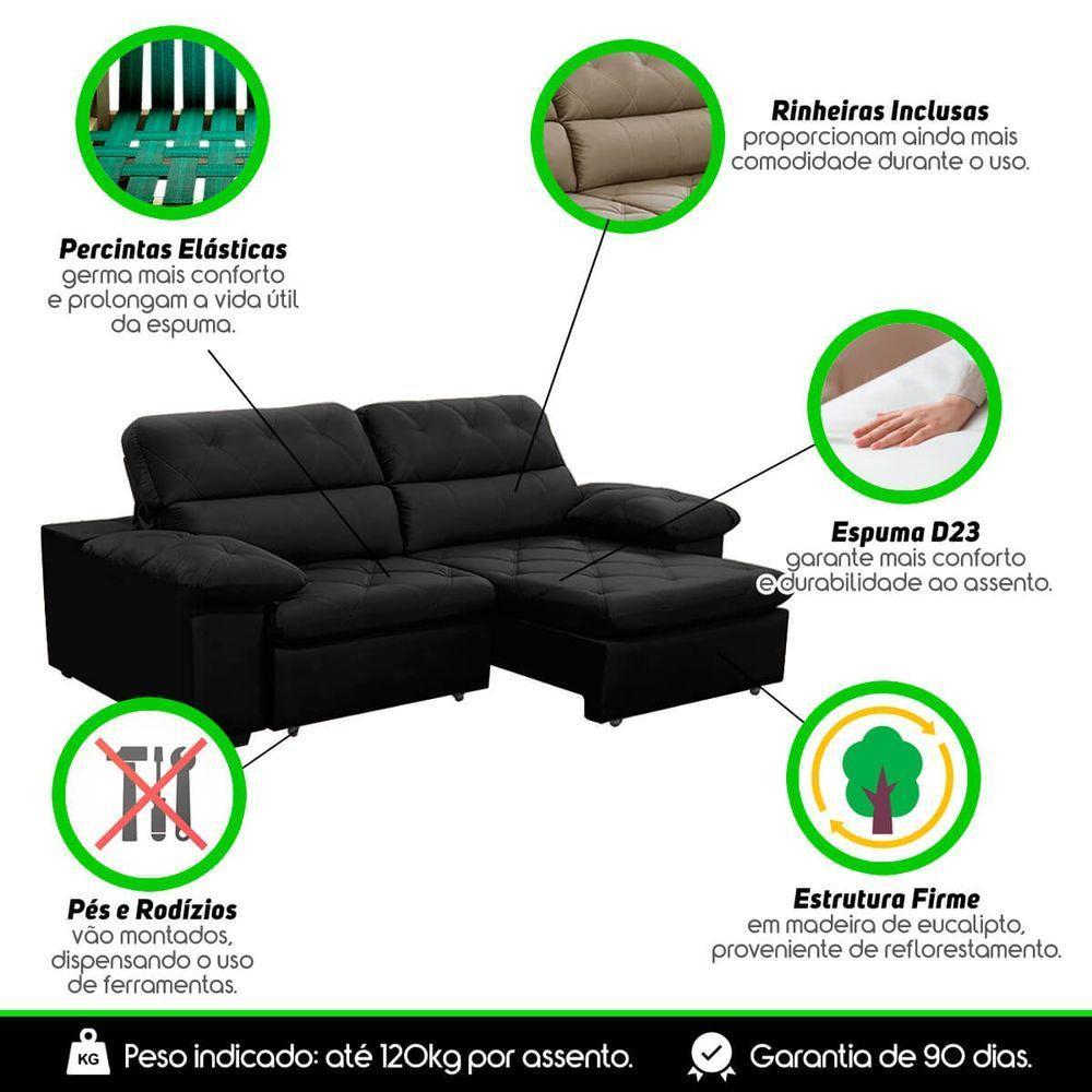 Sofa Retratil Reclinavel 2 Lugares 2,50m Crystal Veludo Preto Lansofbr - 6