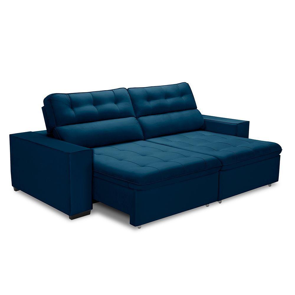 Sofa Retratil Reclinavel 2 Lugares 2,60 Vitória Veludo Azul Marinho Lansofbr - 4
