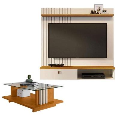 Estante Home Theater Suspenso íris Com Mesa De Centro Frizz Cinamomo Off White - Madetec