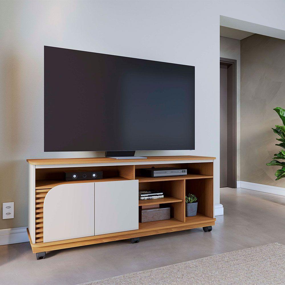 Bancada Tv De 65'' 2 Portas Ewa E Rodízio 150cm C04 - D'rossi Cor Freijó E Off White - 2