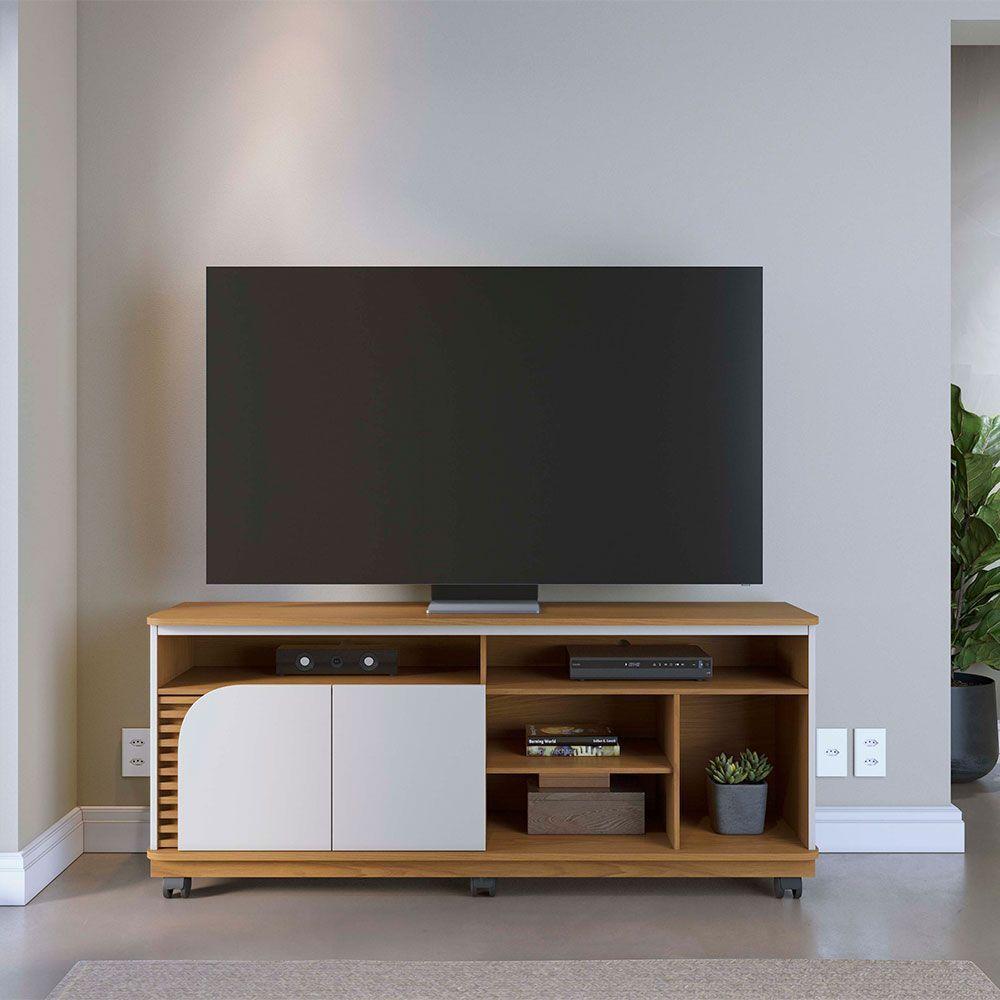 Bancada Tv De 65'' 2 Portas Ewa E Rodízio 150cm C04 - D'rossi Cor Freijó E Off White - 3