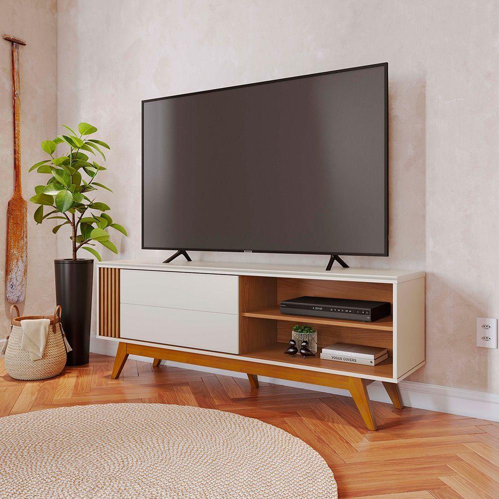 Rack Para Sala Bancada De Tv 60'' 1 Porta Ripado Tarsila C04 - D'rossi Cor Off Matte E Freijó - 2