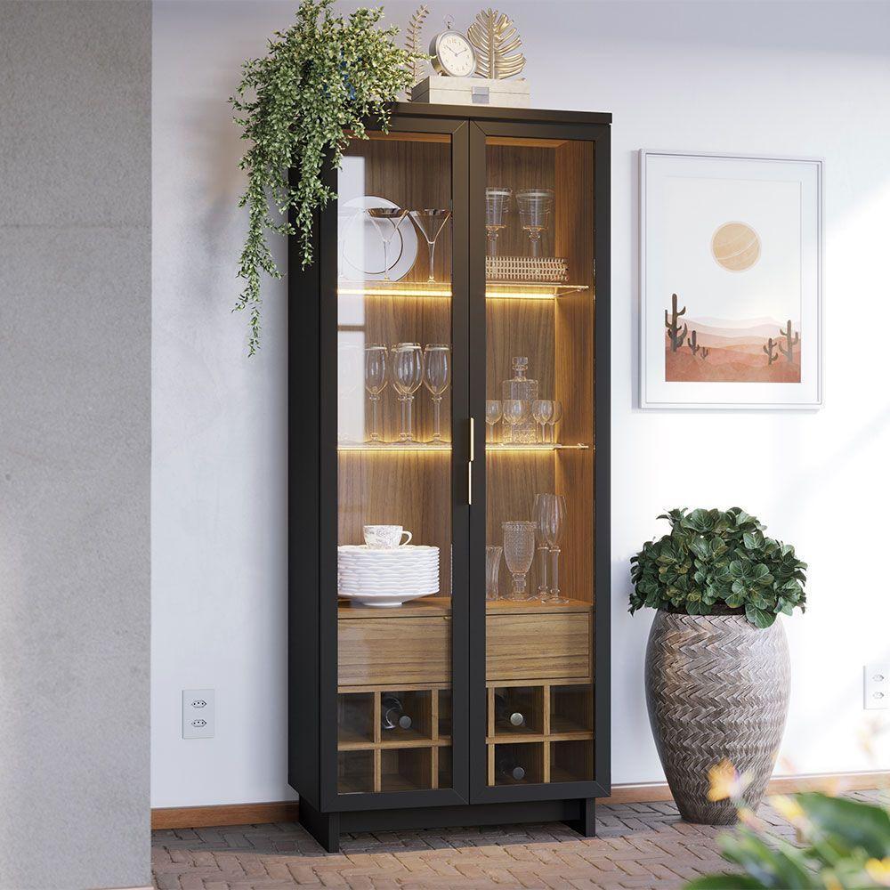 Cristaleira Adega 2 Portas 1 Gaveta Eduarda C04 - D'rossi Cor Preto Fosco E Noce Milano - 2