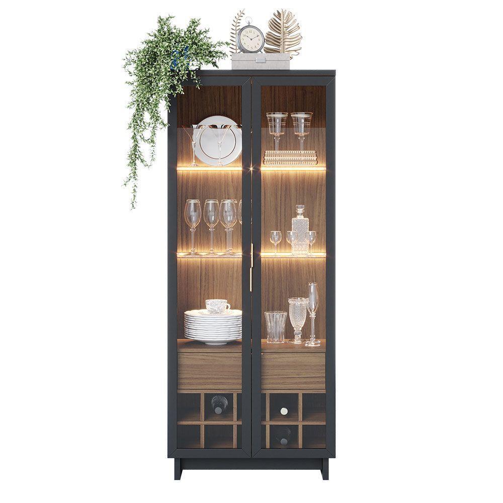 Cristaleira Adega 2 Portas 1 Gaveta Eduarda C04 - D'rossi Cor Preto Fosco E Noce Milano - 6