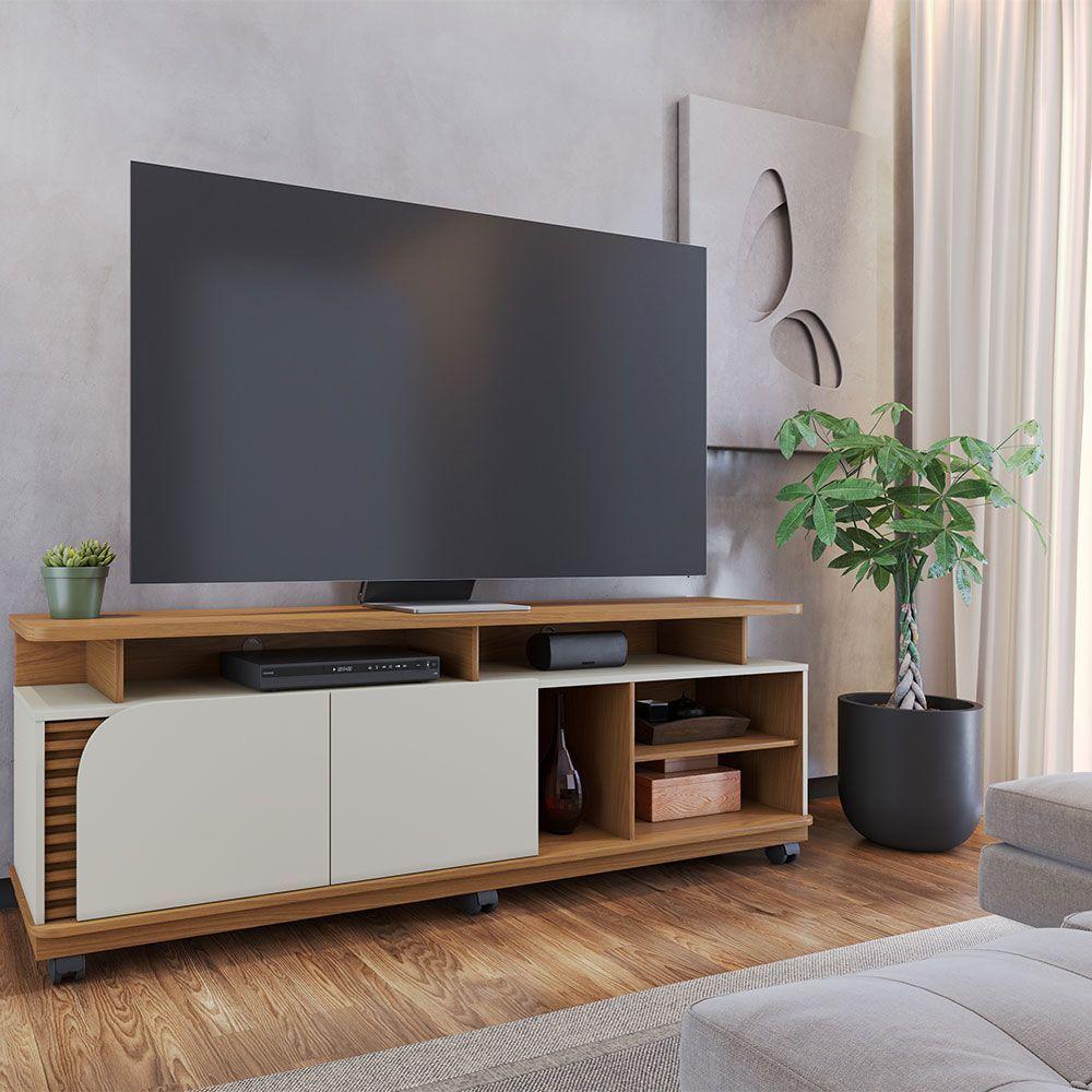 Bancada Tv De 75'' 2 Portas Com Rodízio Ewa 180cm C04 - D'rossi Cor Freijó E Off White - 1